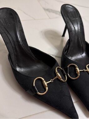 Gucci Black Pointed-Toe Mule Heels with Gold Horsebit
